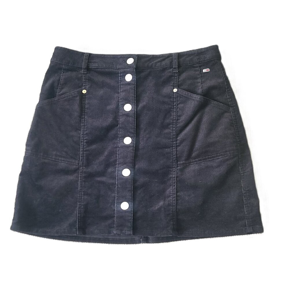 TOMMY JEANS Black Corduroy Button Front Mini Skirt Large 90s Fashion Y2K Style